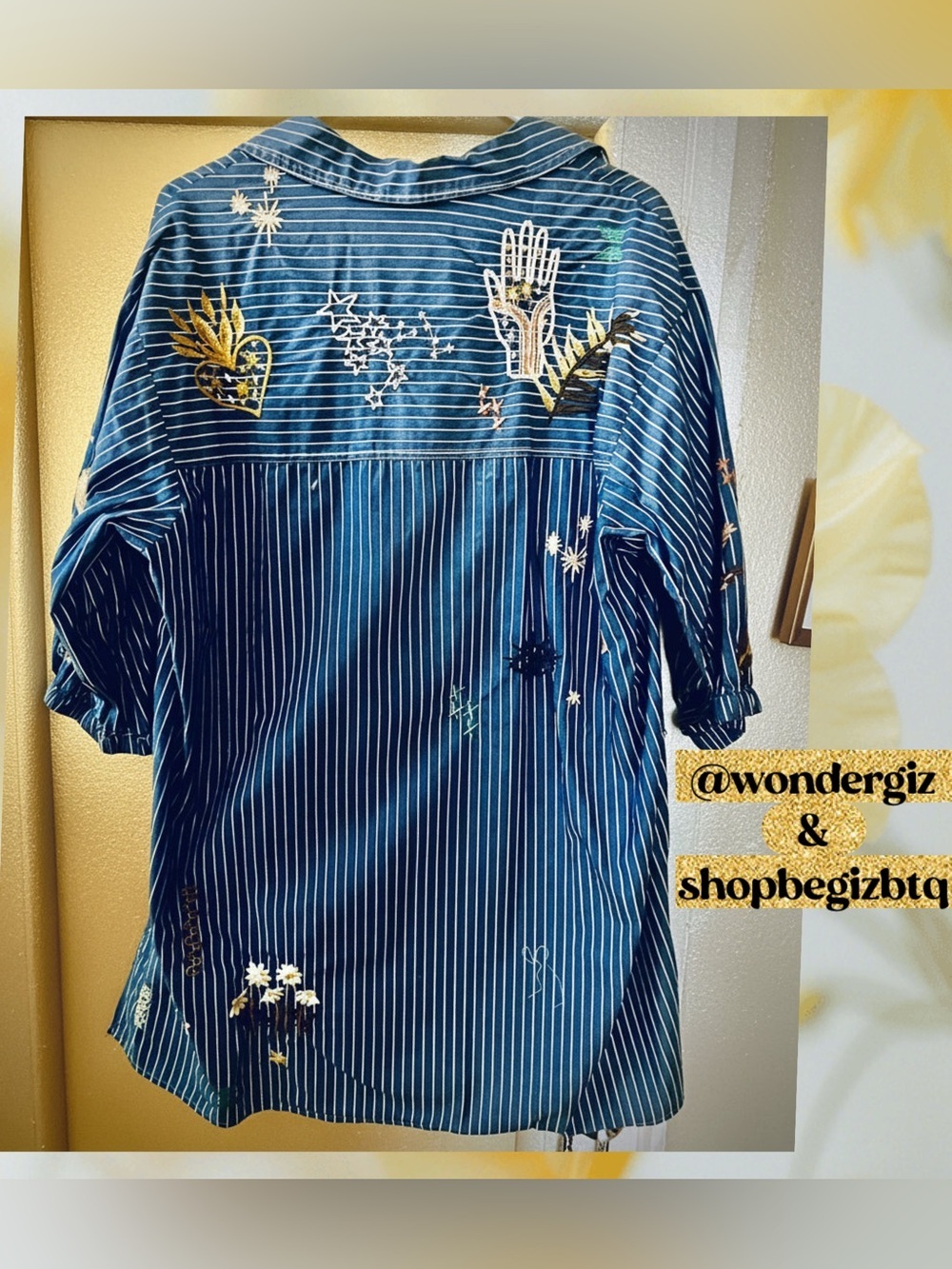 Johnny Was Sezane Weekend Oversized Blue Striped Embroidered Tunic Size Large - Picture 8 of 9